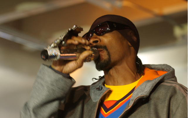 A rap icon wearing sunglasses sings into a microphone decorated with shiny rhinestones.