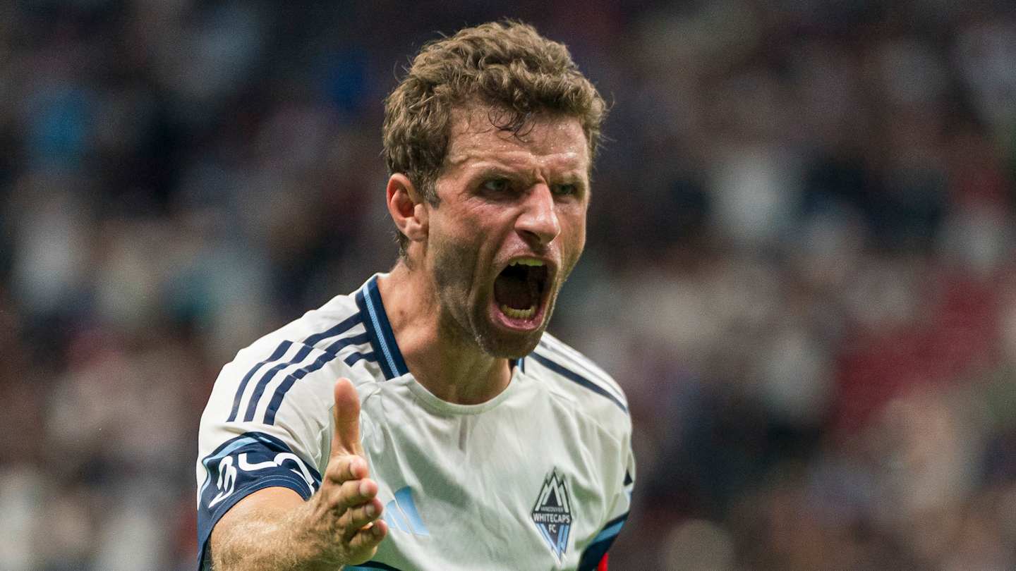 Thomas Muller celebrates his first MLS goal with Vancouver Whitecaps at BC Place in 2025