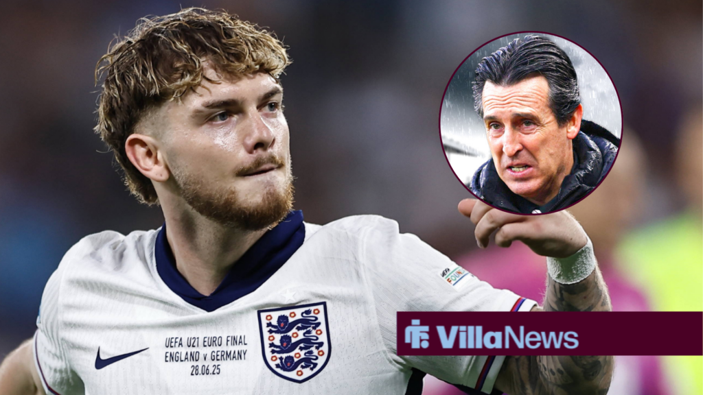 Harvey Elliott wearing Aston Villa football kit during 2025 transfer unveiling