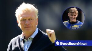 Everton defender Jarrad Branthwaite training session 2025 in club kit