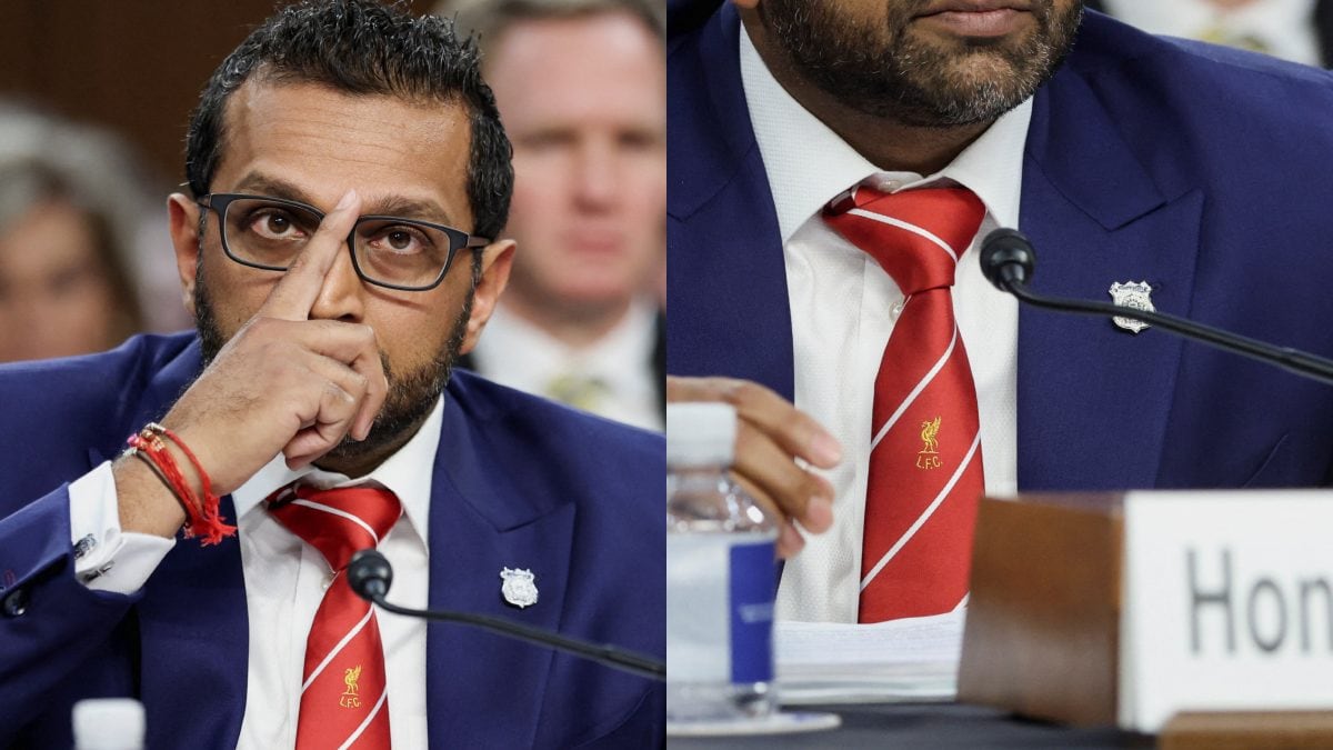 FBI Director Kash Patel wearing Liverpool FC tie at Senate hearing September 2025