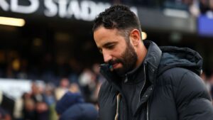Manchester United manager Rúben Amorim gestures on the touchline during Premier League match
