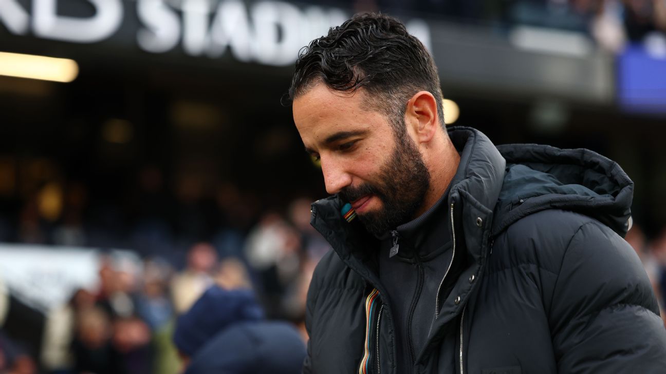 Manchester United manager Rúben Amorim gestures on the touchline during Premier League match