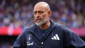 Nottingham Forest manager Nuno Espirito Santo on sidelines during Premier League game 2024/25