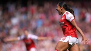 Olivia Smith scoring goal on debut for Arsenal in 2025 WSL match