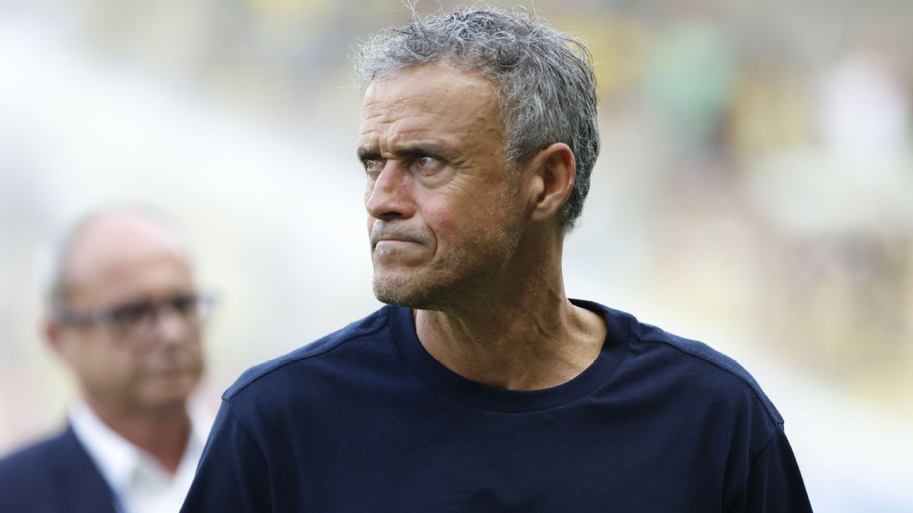 PSG head coach Luis Enrique coaching during 2024 match, before cycling injury