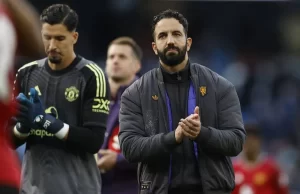 Ruben Amorim in Manchester United coaching suit on the sidelines during Premier League game