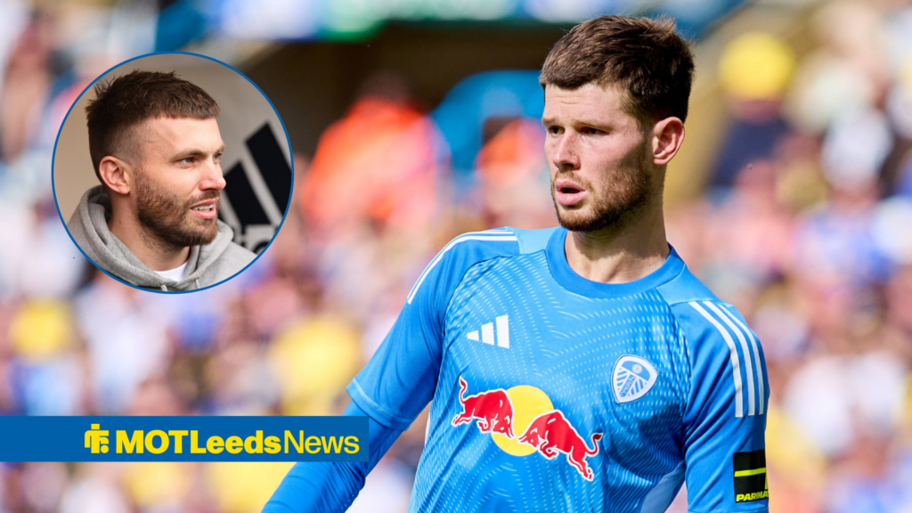 Stuart Dallas and Illan Meslier during Leeds United training session at Thorp Arch